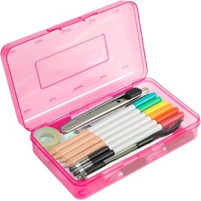 Pink Clear Large Plastic Hard Pencil Box Case for Girls Boys, Crayon Box for School Supplies and Office Supplies in Kuwait