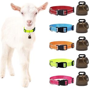 5 Pack Reflective Goat Collars, Adjustable Goat Collar with Copper Bell, Bright Colors, Loud Ring, Anti-Lost Grazing Goat Supplies and Equipment for Small Farm Animal Cow Horse Sheep