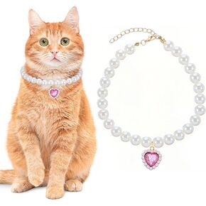 Cat Pearl Necklace Collars Kitten Collar Pearl Necklace for Dog, Adjustable Cute Collar with Pink Heart Shape Pendant Pet Necklaces in Medium Pets Jewelry Accessories for Kitten Puppy