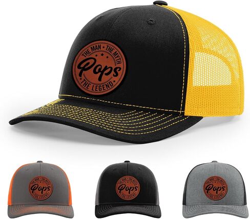 Pops, Pops The Man Myth Legend Hat, 112 Style Trucker Leather Patch Hat for Men & Women, 6 Panel Baseball Cap with Snapback Enclosure in Saudi Arabia