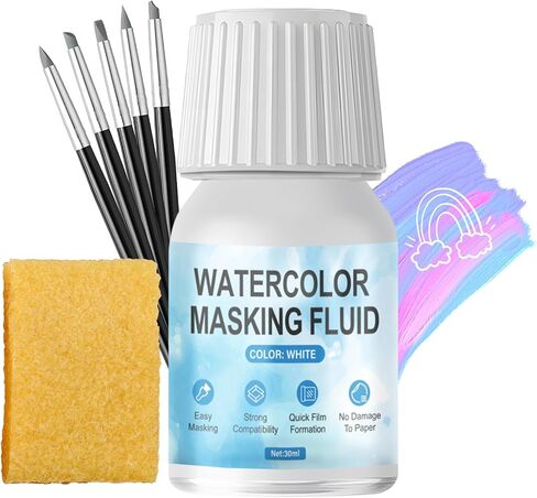 WANJAO Masking Fluid for Watercolor Painting, Liquid Masking Tape with Silicone Pens Cleaning Brush for Painting Fast Drying Easy Peel Use to Art Watercolor Supplies Retouching Covering, 30ml White in Saudi Arabia