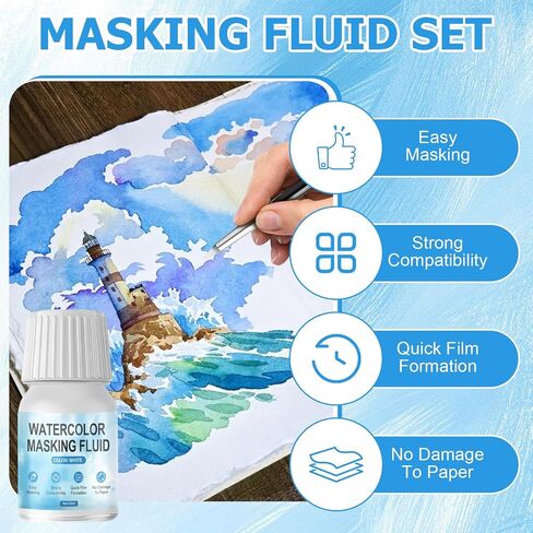 WANJAO Masking Fluid for Watercolor Painting, Liquid Masking Tape with Silicone Pens Cleaning Brush for Painting Fast Drying Easy Peel Use to Art Watercolor Supplies Retouching Covering, 30ml White in Saudi Arabia