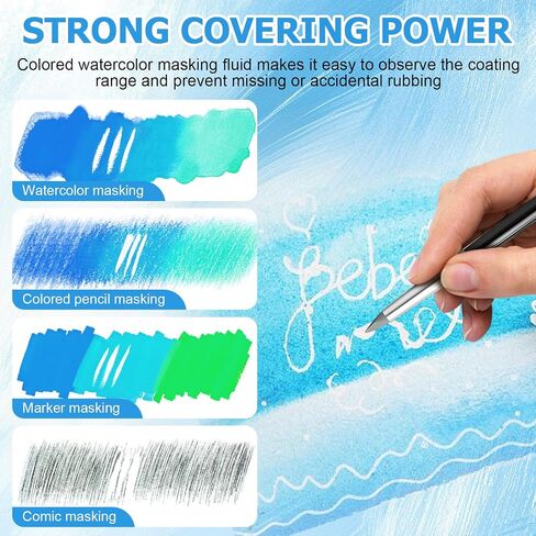 WANJAO Masking Fluid for Watercolor Painting, Liquid Masking Tape with Silicone Pens Cleaning Brush for Painting Fast Drying Easy Peel Use to Art Watercolor Supplies Retouching Covering, 30ml White in Saudi Arabia