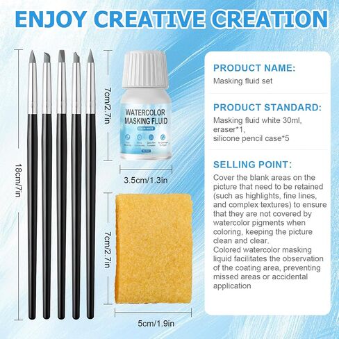 WANJAO Masking Fluid for Watercolor Painting, Liquid Masking Tape with Silicone Pens Cleaning Brush for Painting Fast Drying Easy Peel Use to Art Watercolor Supplies Retouching Covering, 30ml White in Saudi Arabia