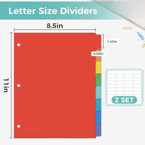 SUNEE 8 Tab Binder Dividers,Plastic Dividers for 3 Ring Binder,3 Ring Binder Dividers with Tabs for School Office Home Supplies,Bright Color, 1 Set in Saudi Arabia