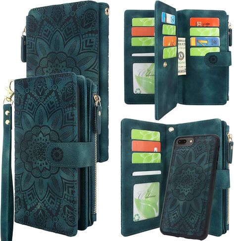 Harryshell Detachable Magnetic Zipper Wallet Leather Case Cash Pocket with 12 Card Slots Holder Wrist Strap for iPhone 8 Plus/iPhone 7 Plus / 6S Plus 5.5 Inch Floral Flower (Black) in Saudi Arabia