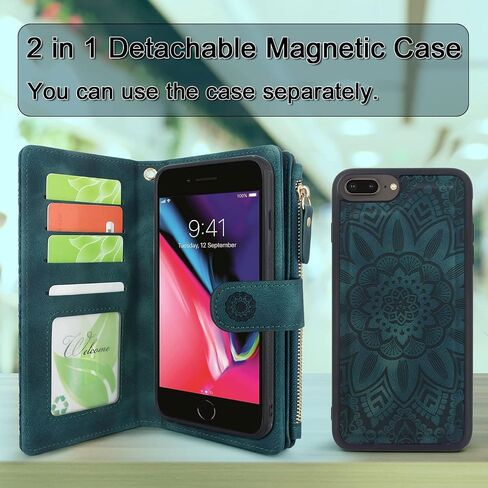 Harryshell Detachable Magnetic Zipper Wallet Leather Case Cash Pocket with 12 Card Slots Holder Wrist Strap for iPhone 8 Plus/iPhone 7 Plus / 6S Plus 5.5 Inch Floral Flower (Black) in Saudi Arabia
