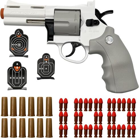Soft Bullets Revolver Toy Gun, Realistic Foam Blasters Revolver Shooting Game Role-Playing Props Gifts for Adults Children with 12 Shells 100 Bullets and 3 Targets (White) in Kuwait