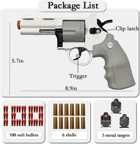 Soft Bullets Revolver Toy Gun, Realistic Foam Blasters Revolver Shooting Game Role-Playing Props Gifts for Adults Children with 12 Shells 100 Bullets and 3 Targets (White) in Kuwait