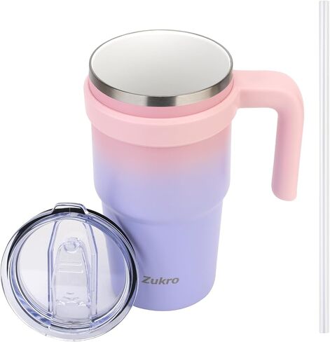 Zukro 20 oz Ceramic Lined Insulated Tumbler with Handle and Straw For Pure Coffee Taste, Reusable Travel Mug with Spill-Proof Lid, Stainless Steel Iced and Hot Coffee Cup, BPA-Free, Lavender in Saudi Arabia