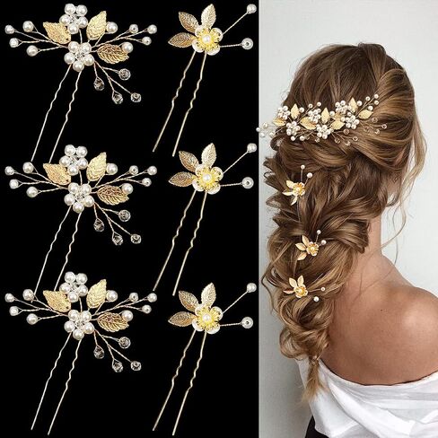 6 Pieces Bridal Wedding Hair Pins Gold Leaf Crystal Pearl Hair Pins Clips Headpiece Vintage Wedding Hair Accessories Jewelry with Rhinestone for Brides Bridesmaids Flower Girls (Classic) in Kuwait