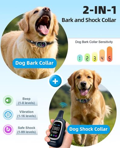 2-in-1 Dog Shock Collar and Bark Collar for Dogs – 3300FT Dog Training Collar with Remote, IP67 Waterproof e Collar with Anti-Bark/Beep/Vibration/Shock Modes for Small Medium Large Dog(5-120Lbs) in Saudi Arabia