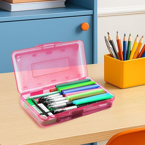 Pink Clear Large Plastic Hard Pencil Box Case for Girls Boys, Crayon Box for School Supplies and Office Supplies in Kuwait