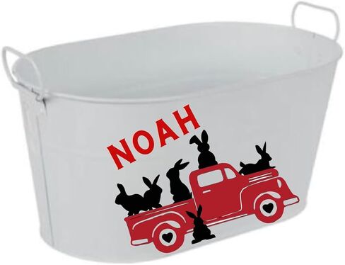 Personalized Truck Easter Basket - Custom Bunny Bucket - Easter Gifts for Kids With Name (White Metal Bucket) in Kuwait