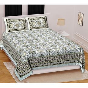 Marusthali Cotton New Bed Sheets Full Size Block Floral Printed Handmade Sanganeri Bedsheet Soft Bedcover Bedspread with 2 Pillow Cases 100% Cotton Bedsheets 90 X 108 inchesBedroom Decor (Green)