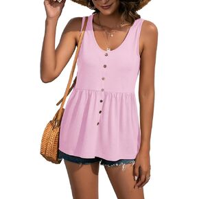 LYANER Women's Round Neck Ruffle Hem Button Sleeveless Tank Blouse Peplum Top in Kuwait