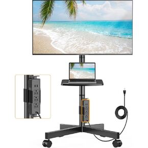 Perlegear Mobile TV Cart, Clip-On Integrated Power Supply, Rolling TV Stand Portable for 23-60″ TVs (up to 88 lbs), 3 Height Levels with Adjustable Tray, TV Stand with Wheels, Max VESA 400x400mm