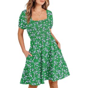 ANRABESS Women's Summer Mini Dresses 2024 Casual Square Neck Smocked Puff Sleeve Cute Short Dress in Saudi Arabia