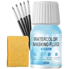 WANJAO Masking Fluid for Watercolor Painting, Liquid Masking Tape with Silicone Pens Cleaning Brush for Painting Fast Drying Easy Peel Use to Art Watercolor Supplies Retouching Covering, 30ml White