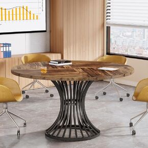 Tribesigns Round Conference Table for 4-6, 47-Inch Conference Room Table with Thickened Tabletop and Metal Base, Industrial Meeting Table for Office Meeting Room, Rustic Brown