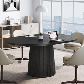 Tribesigns Oval Conference Table, 55.11 Inches Wood Meeting Table for 6 People, Black Meeting Seminar Boardroom Table with Wood Base for Office Conference Room (Black)