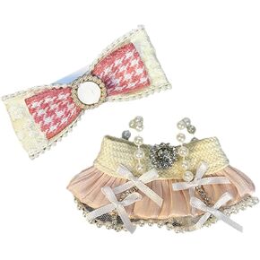 Clothes for 17cm Doll(Clothes Only) – 2-Piece Set Pink Heart-Print Strap Dress and Bow Headband for a Unique Dressed-Up Look – Fashion Handmade Accessories for Doll