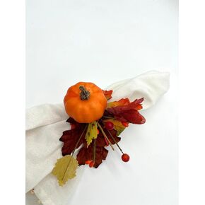 Rustic Farmhouse Fall Table Decor, Orange Pumpkin Napkin Ring with Fall Maple leaves, Orange Berry branches and Thanksgiving decor