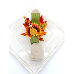 Thanksgiving Party Table Decor Felt Turkey Napkin Ring Fall Leaves on Gold Napkin Ring - Set of 6