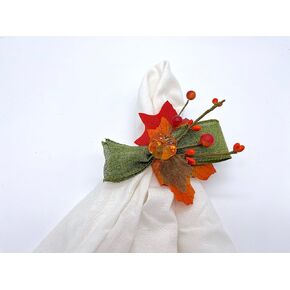 Thanksgiving Table Decor, Handmade Napkin Rings with Aclyric Orange Pumpkin Center, Moss Green Burlap Bow, Maple Leaves and Fall Branches - Set of 6