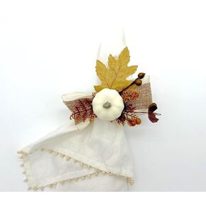 Rustic Beige Taupe Pumpkin Napkin Ring with Burlap Ribbon bow and Fall Leaves, Set of 6 Handmade table setting decorations