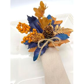 Navy Blue and Brown Thanksgiving and Fall Napkin Rings with Pine Cone center, Burlap Twine Bow with orange fall branches Set of 6