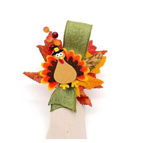 Thanksgiving Party Table Decor Felt Turkey Napkin Ring Fall Leaves on Gold Napkin Ring - Set of 12