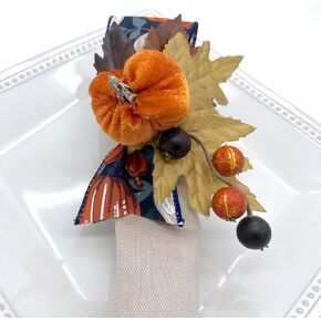 Navy Blue and Orange Velvet Pumpkin Thanksgiving Decorations, Fall Napkin Rings, Pumpkin Table Setting Set of 6