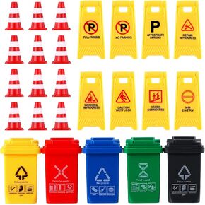 TOYANDONA Mini Traffic Signs Toys, 25pcs Play Traffic Signs Trash Can Toy Mini Traffic Cones Warning Sign Toy for Street Signs Playset Toys
