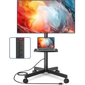 Rolling TV Stand with Power Outlet, Mobile TV Carts for 23-55 60 Inch TVs Curved/Flat Screen up to 88 lbs,Tilt Height Adjustable Portable TV Stands for Living Room, Black,Max VESA 400x400mm