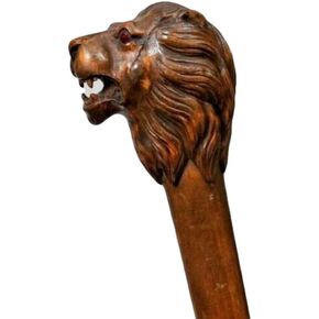 Dark Brown Wooden Walking Cane Stick Lion Head Animal Carved Handle