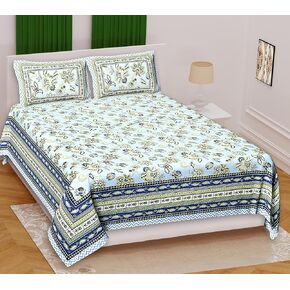 Marusthali Cotton Bed Sheets Full Size Block Floral Printed Handmade Sanganeri Bedsheet Soft Bedcover Bedspread with 2 Pillow Cases 100% Cotton Bedsheets 90 X 108 inches Bedroom Decor (Green)