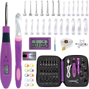 18 Sizes Lighted Crochet Hooks Set 2.0mm~14.0mm, Rechargeable Crochet Hook with Interchangeable Crochet Head, Light Up Crochet Hooks Set with 2 Levels Led for Beginner Knitting Kit Gifts