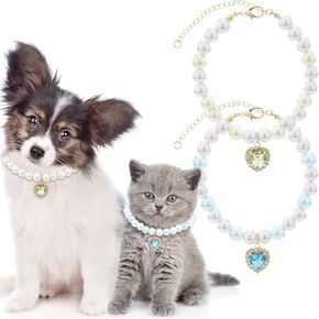 2Pcs Dog Cat Pearl Necklace Collar - 8.2'' Pet Pearls Necklace Collars with White & Pink Heart Shape Diamond Rhinestone for Wedding Party Pet Puppy Cats, Adjustable