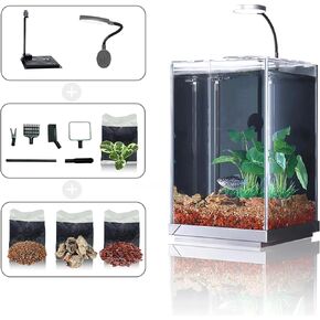 Desktop Betta Small Aquarium Glass Fish Tank 1.25 Gallons Complete Set, Self Cleaning Filter System Bright LED Light Gravel Plant Cleaning Tool, Starter Kit Small Space Easy Setup Space-Saving Design