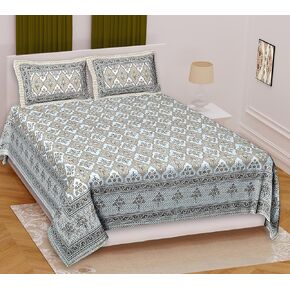 Marusthali Bed Sheets King Size Cotton Block Printed Handmade Sanganeri Bedsheet Bedcover Bedspread Bed Cover with 2 Pillow Cases 100% Cotton Bedsheets 108 x 108 inches (Blue)