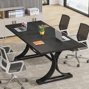 Tribesigns 5FT Conference Table for 4 to 6, 63" W x 31.5" D Modern Meeting Table with Trestle Legs, Grey and Black Business Seminar Tables for Home Office (Grey+Black)