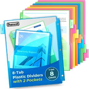Dunwell 8 Tab Binder Dividers with Two Pockets, Plastic Slash Pocket Dividers with Tabs, Multicolor, 3 Ring Binider Pocket with Index Tab, Acid-Free, Poly Notebook Divider, Includes Label Inserts