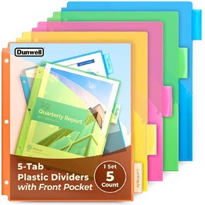 Dunwell Plastic Binder Dividers with Front Pocket (5 Tab), Clear Slash Single Pocket Divider with Tabs, 3 Ring Binider Pocket with Index Tab, Acid-Free, Poly Notebook Divider, Includes Label Inserts
