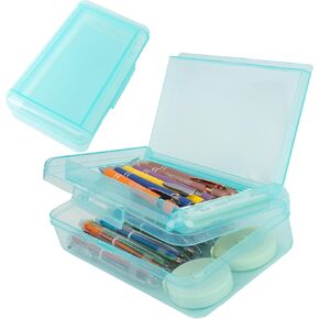 Pencil Case, Double Layer Large Capacity Pink Plastic Pencil Box, Clear Crayon Box, Hard Pen Boxes with Snap-tight Lid, Storage Art Craft Box Marker Organizer for Kids Boys Offices School Supplies