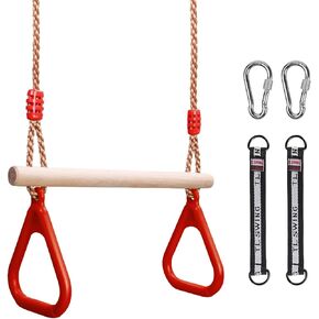 Trapeze Swing Bar for Kids, Wooden Swing Set Hanging Bar with Plastic Gym Rings, 2 Buckle Straps for Ninja Warrior Obstacle Course Trapeze Bar for Swing Set, Indoor & Outdoor Trapeze (Red)