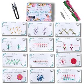 Perforated Embroidery Stitch Cards Starter DIY Kit, Beginner Colored Patterns, Premium Cardstock Cards, Colorful Threads, Tools, Illustrated Step by Step Instructions Handmade Kit Gift for Her (Pink)