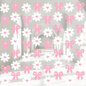 10Pcs Daisy Floral Bow Hanging Decorations White Flower Pink Bow Paper Garland Banner for Birthday Baby Shower Party Favors Supplies