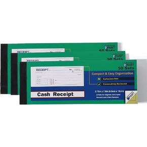Money or Rent Receipt Book, 50 Sets 7 1/2" x 2 3/4" 2-Part Carbonless, White & Canary, Bound Wraparound Cover(3pack)
