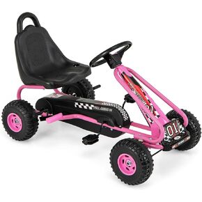 HONEY JOY Go Kart for Kids, 4 Wheel Pedal Powered Go Cart with Steering Wheels & Adjustable Seat, Safety Hand Brake, Non-Slip Tires, Outdoor Off-Road Racer Ride On Pedal Car for Boy Girl (Green)